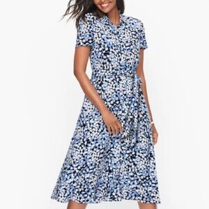 Talbots Women's Blue Dotted Tie Waist Button Down Shirtdress Midi Dress Size 14